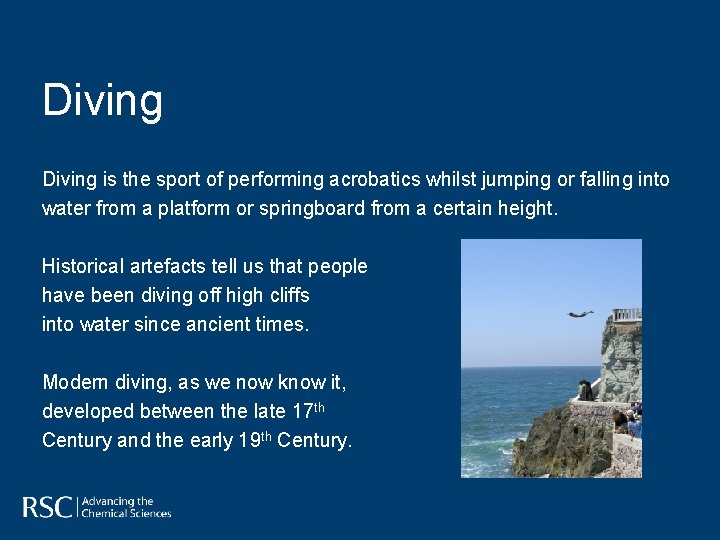 Diving is the sport of performing acrobatics whilst jumping or falling into water from