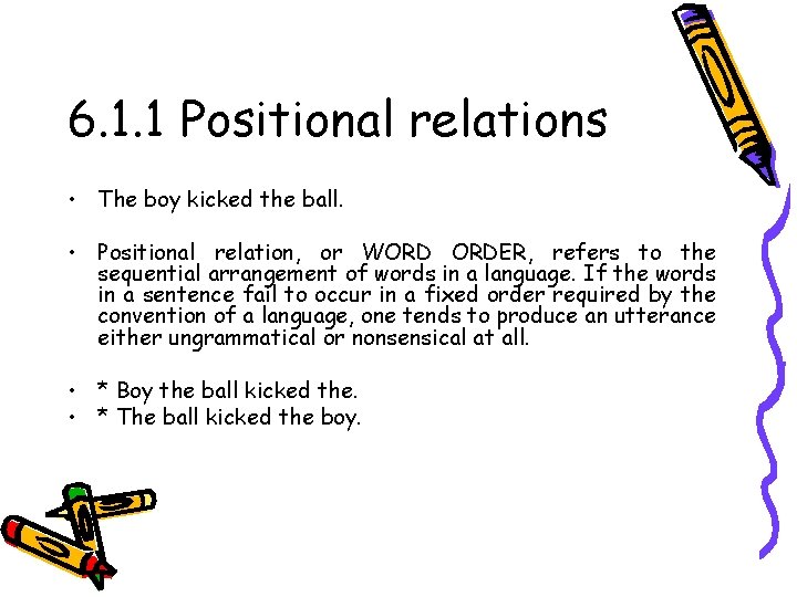 6. 1. 1 Positional relations • The boy kicked the ball. • Positional relation,