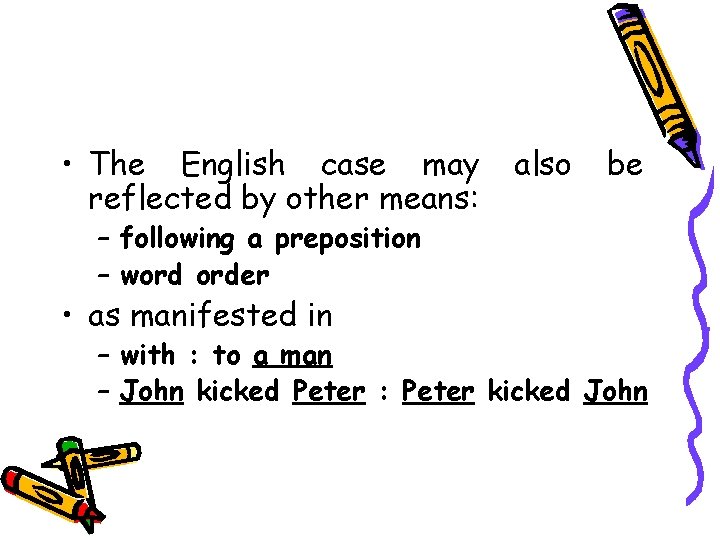  • The English case may reflected by other means: also be – following