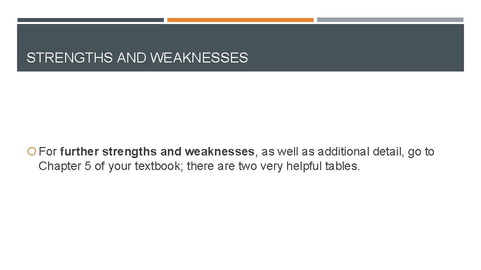 STRENGTHS AND WEAKNESSES For further strengths and weaknesses, as well as additional detail, go