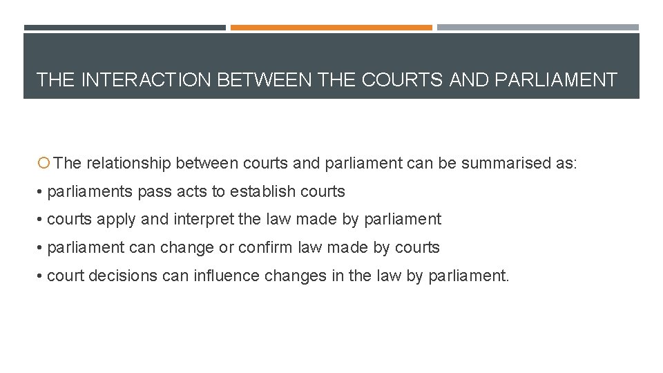 THE INTERACTION BETWEEN THE COURTS AND PARLIAMENT The relationship between courts and parliament can