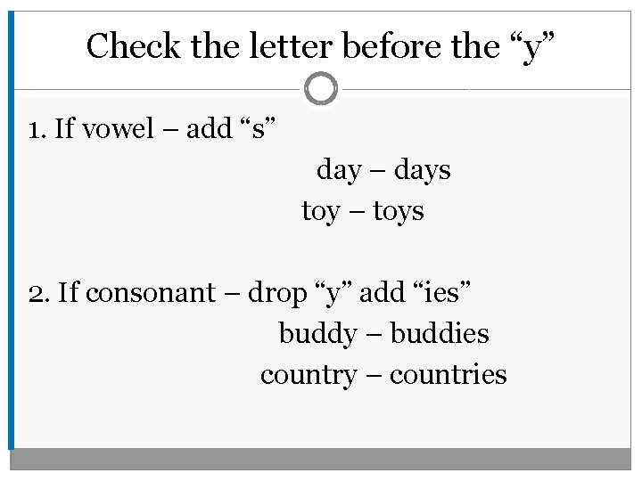 Check the letter before the “y” 1. If vowel – add “s” day –