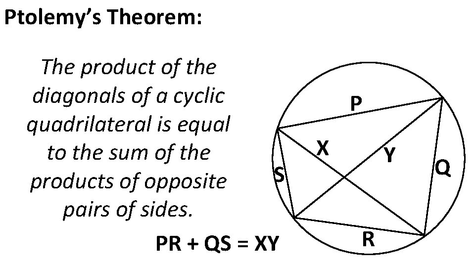 Ptolemy’s Theorem: The product of the diagonals of a cyclic quadrilateral is equal to