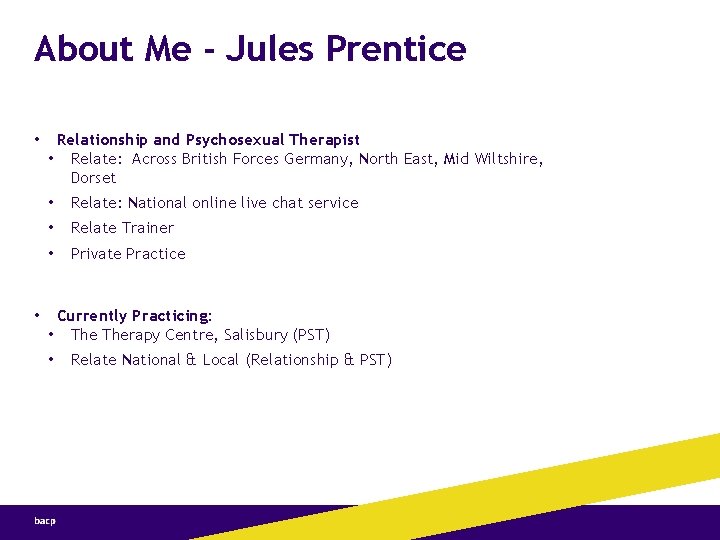 About Me - Jules Prentice • • Relationship and Psychosexual Therapist • Relate: Across