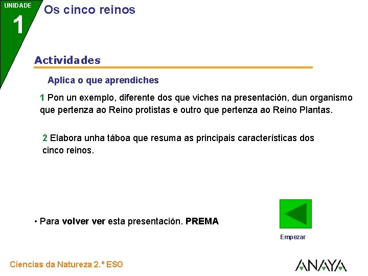 UNIDADE 1 Os cinco reinos Actividades Aplica o que aprendiches 1 Pon un exemplo,