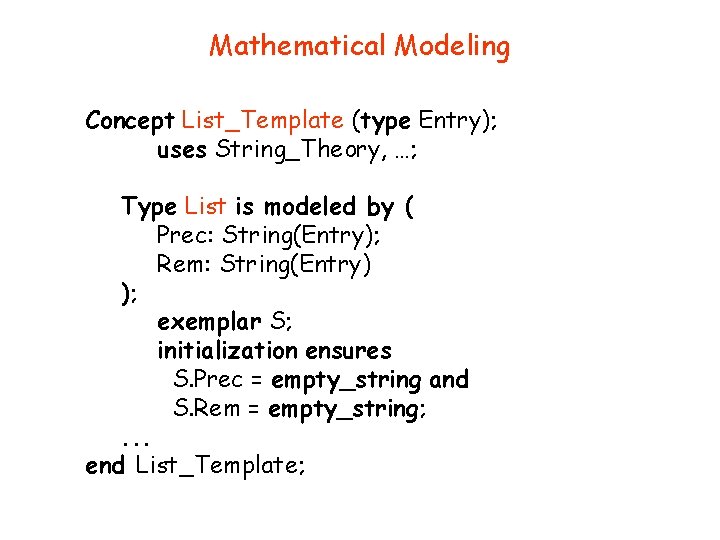 Mathematical Modeling Concept List_Template (type Entry); uses String_Theory, …; Type List is modeled by