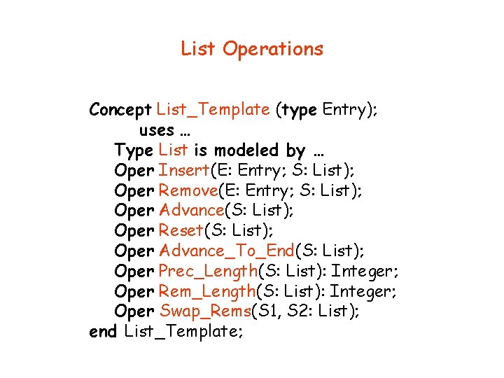 List Operations Concept List_Template (type Entry); uses … Type List is modeled by …