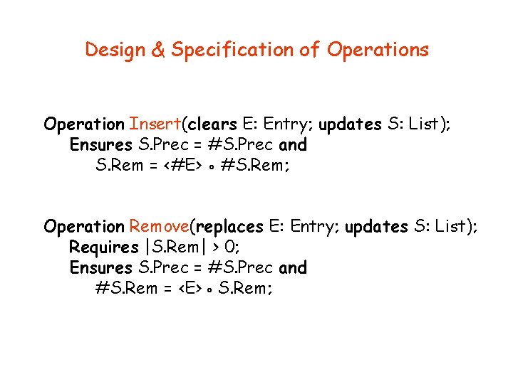Design & Specification of Operations Operation Insert(clears E: Entry; updates S: List); Ensures S.