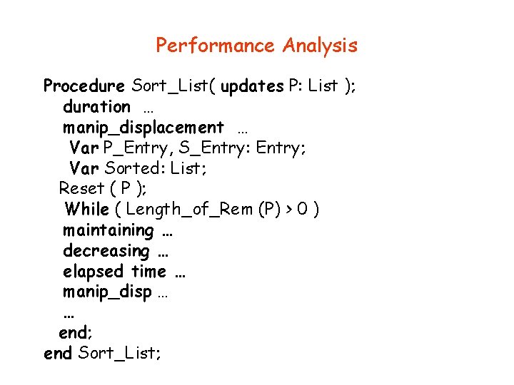 Performance Analysis Procedure Sort_List( updates P: List ); duration … manip_displacement … Var P_Entry,