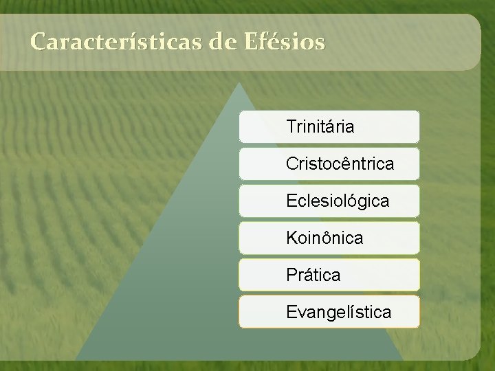 Características de Efésios Trinitária Cristocêntrica Eclesiológica Koinônica Prática Evangelística Características de Efésios Trinitária Cristocêntrica Eclesiológica Koinônica Prática Evangelística