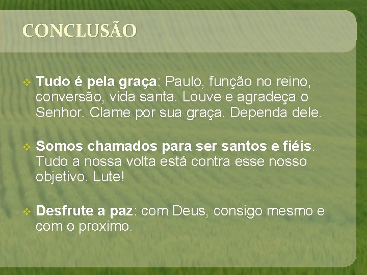 CONCLUSÃO v Tudo é pela graça: Paulo, função no reino, conversão, vida santa. Louve CONCLUSÃO v Tudo é pela graça: Paulo, função no reino, conversão, vida santa. Louve
