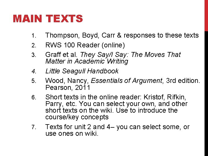 MAIN TEXTS 1. 2. 3. 4. 5. 6. 7. Thompson, Boyd, Carr & responses