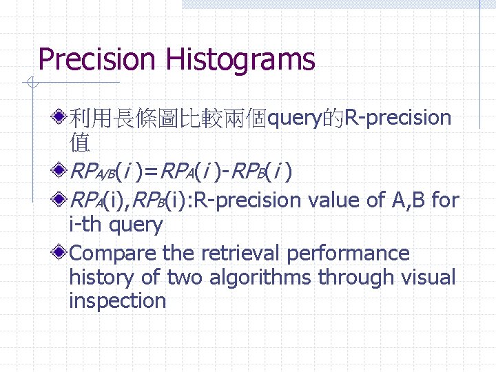 Precision Histograms 利用長條圖比較兩個query的R-precision 值 RPA/B(i )=RPA(i )-RPB(i ) RPA(i), RPB(i): R-precision value of A,