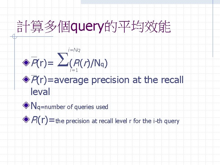 計算多個query的平均效能 i=Nq P(r)= Σ(P (r)/N ) i i=1 q P(r)=average precision at the recall