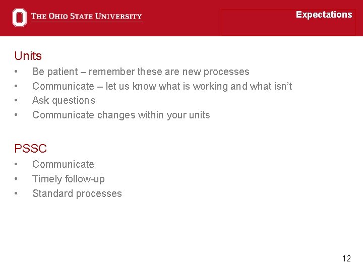 Expectations Units • • Be patient – remember these are new processes Communicate –