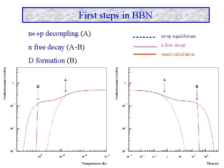 First steps in BBN n p decoupling (A) n free decay (A-B) D formation