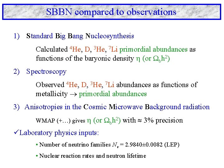 SBBN compared to observations 1) Standard Big Bang Nucleosynthesis Calculated 4 He, D, 3