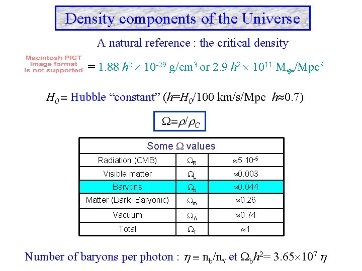 Density components of the Universe A natural reference : the critical density = 1.