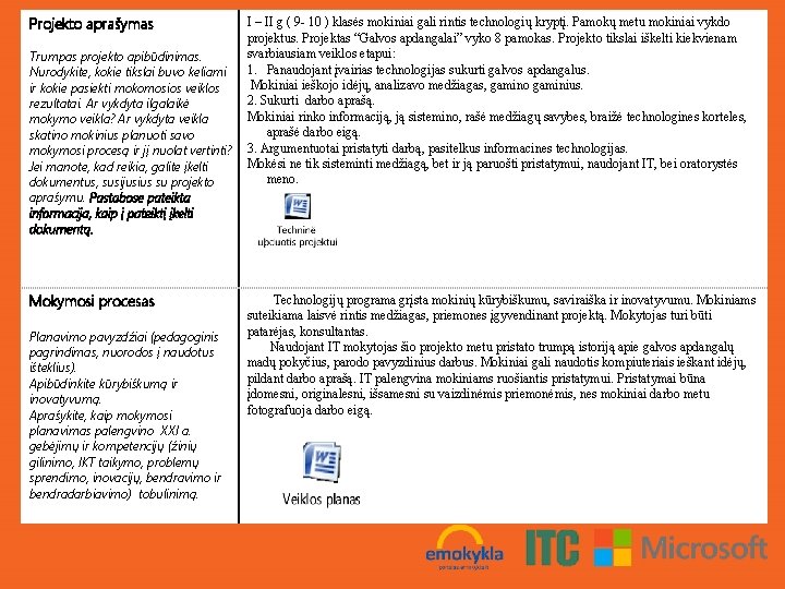 Projekto aprašymas Trumpas projekto apibūdinimas. Nurodykite, kokie tikslai buvo keliami ir kokie pasiekti mokomosios