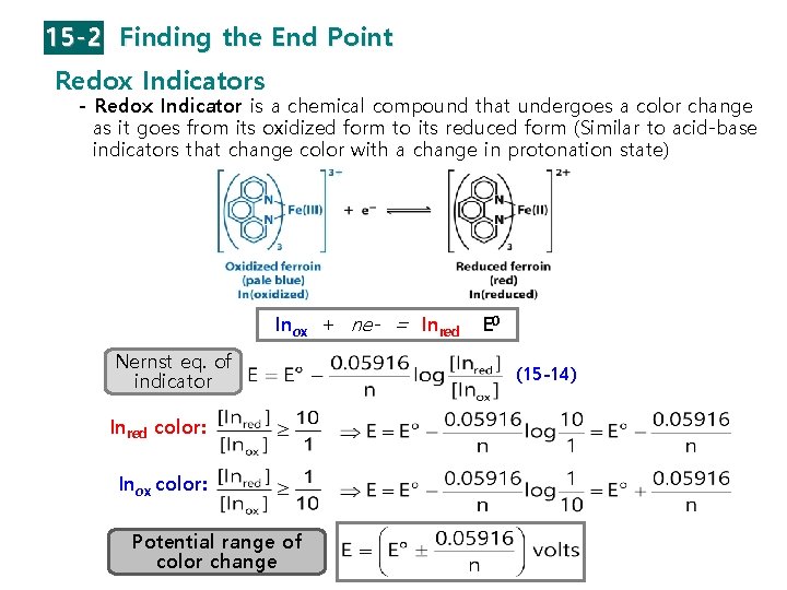 15 -2 Finding the End Point Redox Indicators - Redox Indicator is a chemical