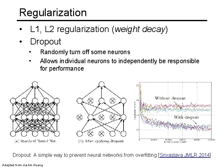 Regularization • L 1, L 2 regularization (weight decay) • Dropout • • Randomly