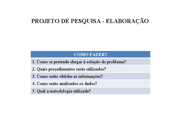 PROJETO DE PESQUISA - ELABORAÇÃO COMO FAZER? 1. Como se pretende chegar à solução