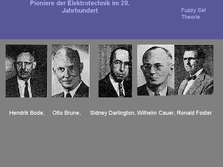 Pioniere der Elektrotechnik im 20. Jahrhundert Hendrik Bode, Otto Brune, Fuzzy Set Theorie Sidney