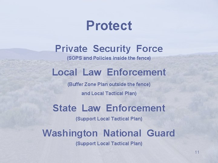 Protect Private Security Force (SOPS and Policies inside the fence) Local Law Enforcement (Buffer