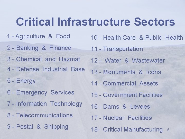 Critical Infrastructure Sectors 1 - Agriculture & Food 10 - Health Care & Public