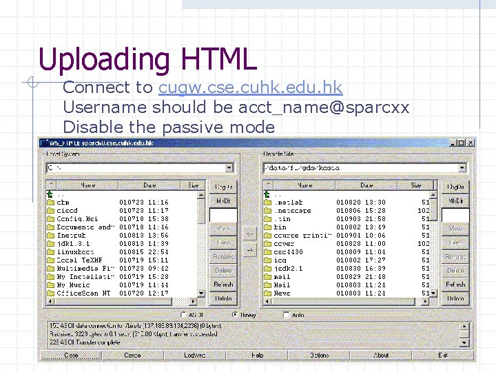 Uploading HTML Connect to cugw. cse. cuhk. edu. hk Username should be acct_name@sparcxx Disable