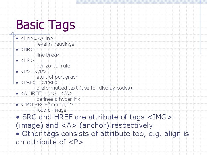 Basic Tags • <Hn>…</Hn> level n headings • <BR> line break • <HR> horizontal