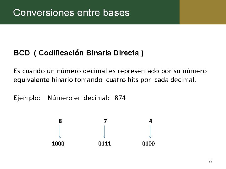 Conversiones entre bases BCD ( Codificación Binaria Directa ) Es cuando un número decimal