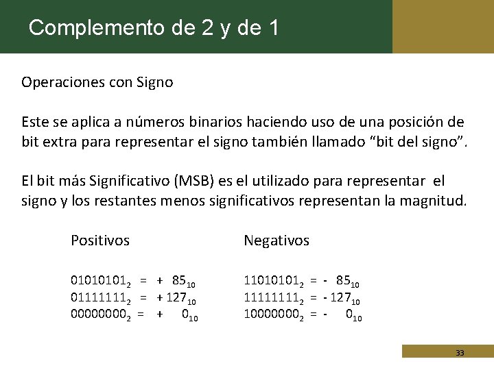 Complemento de 2 y de 1 Operaciones con Signo Este se aplica a números