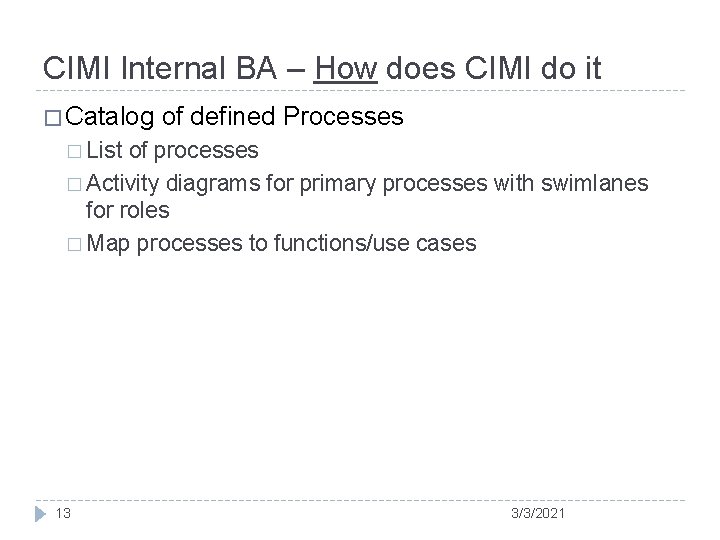 CIMI Internal BA – How does CIMI do it � Catalog of defined Processes