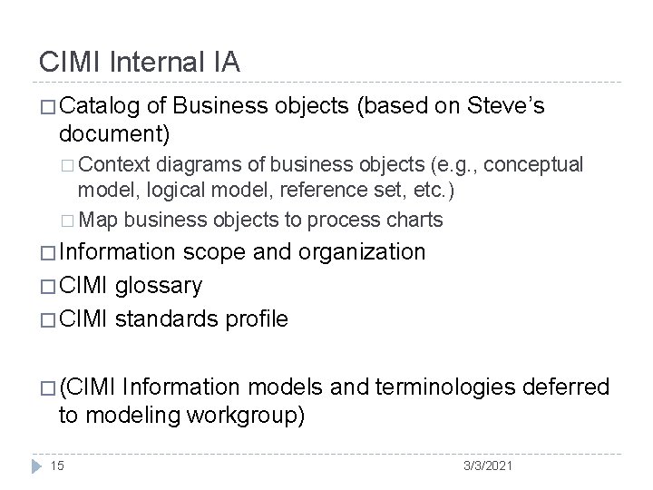 CIMI Internal IA � Catalog of Business objects (based on Steve’s document) � Context