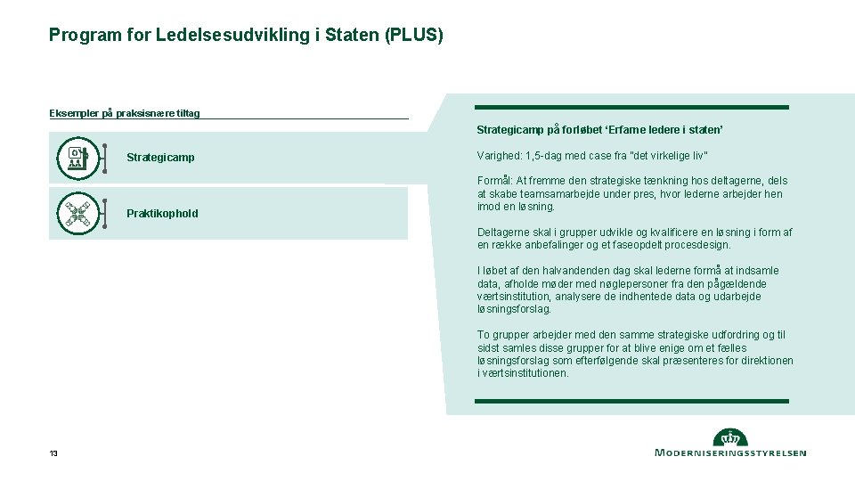 Program for Ledelsesudvikling i Staten (PLUS) Eksempler på praksisnære tiltag Strategicamp på forløbet ‘Erfarne