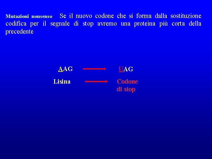 Mutazioni nonsenso. Se il nuovo codone che si forma dalla sostituzione codifica per il