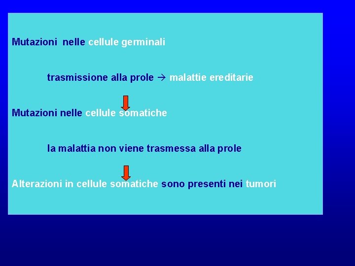 Mutazioni nelle cellule germinali trasmissione alla prole malattie ereditarie Mutazioni nelle cellule somatiche la