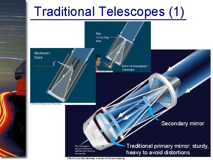 Traditional Telescopes (1) Secondary mirror Traditional primary mirror: sturdy, heavy to avoid distortions Traditional Telescopes (1) Secondary mirror Traditional primary mirror: sturdy, heavy to avoid distortions