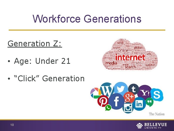 Workforce Generations Generation Z: • Age: Under 21 • “Click” Generation 10 