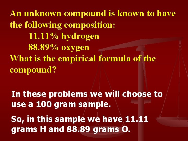 An unknown compound is known to have the following composition: 11. 11% hydrogen 88.