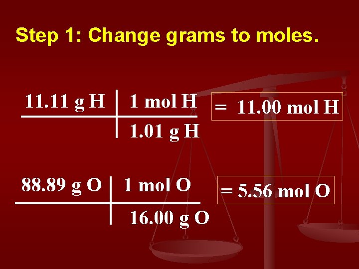 Step 1: Change grams to moles. 11 g H 88. 89 g O 1