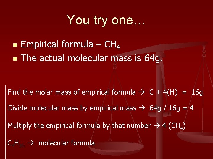 You try one… n n Empirical formula – CH 4 The actual molecular mass