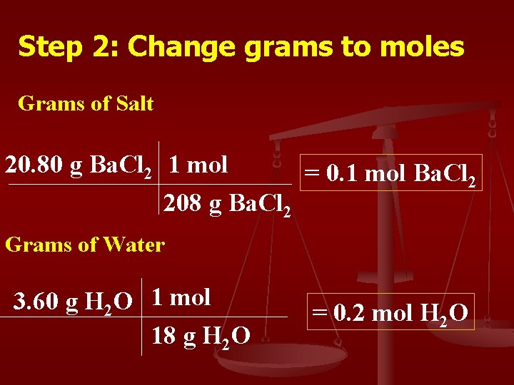 Step 2: Change grams to moles Grams of Salt 20. 80 g Ba. Cl