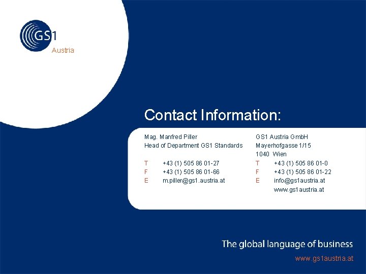 Austria Contact Information: Mag. Manfred Piller Head of Department GS 1 Standards T F