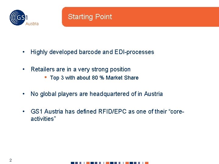 Starting Point Austria • Highly developed barcode and EDI-processes • Retailers are in a