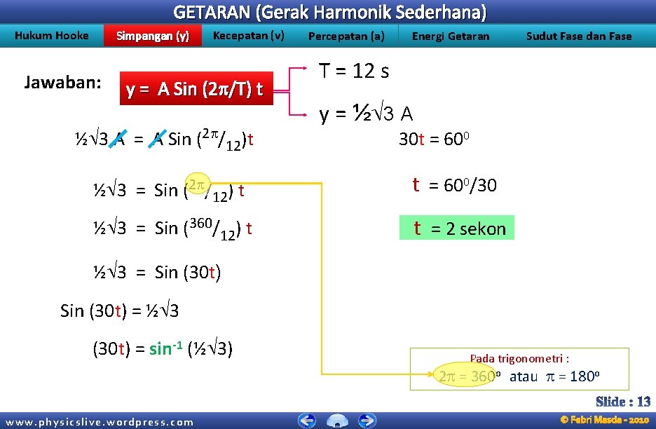 GETARAN (Gerak Harmonik Sederhana) Hukum Hooke Simpangan (y) Jawaban: Kecepatan (v) y = A