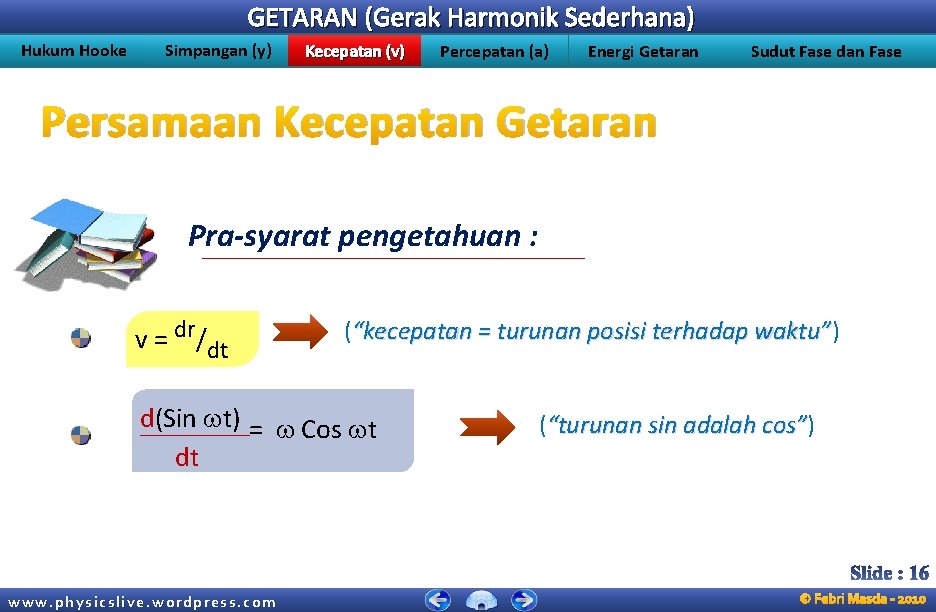 GETARAN (Gerak Harmonik Sederhana) Hukum Hooke Simpangan (y) Kecepatan (v) Percepatan (a) Energi Getaran