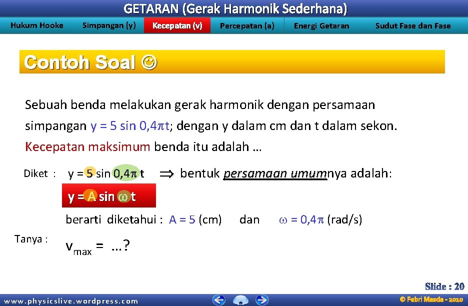 GETARAN (Gerak Harmonik Sederhana) Hukum Hooke Simpangan (y) Kecepatan (v) Percepatan (a) Energi Getaran