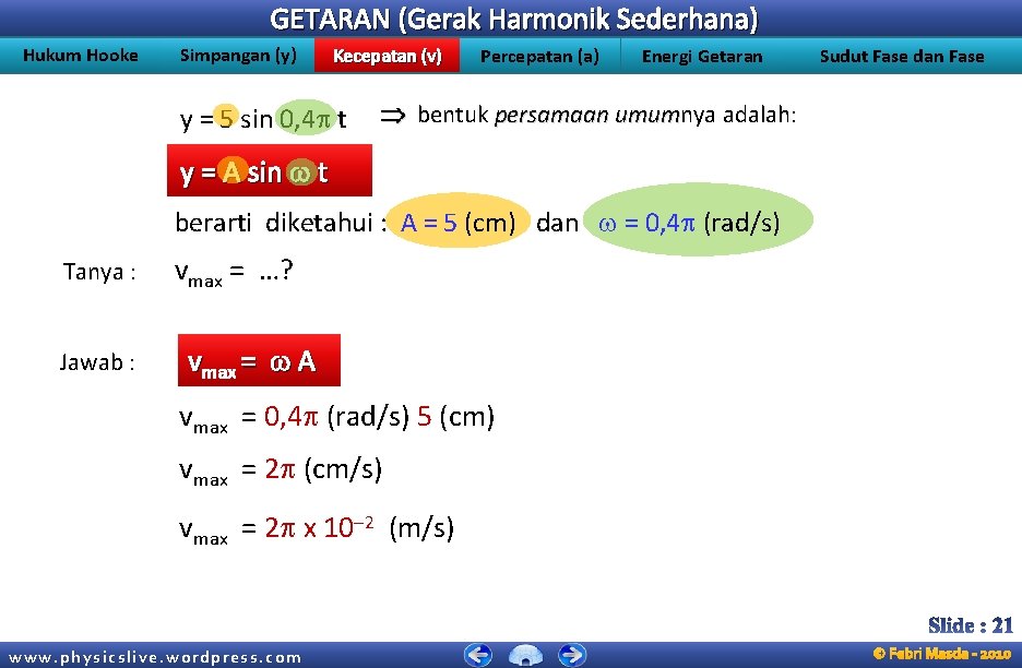 GETARAN (Gerak Harmonik Sederhana) Hukum Hooke Simpangan (y) Kecepatan (v) y = 5 sin GETARAN (Gerak Harmonik Sederhana) Hukum Hooke Simpangan (y) Kecepatan (v) y = 5 sin